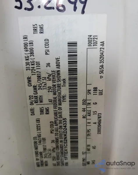 2022 Ford F150 Super Cab из США, поврежденный, VIN 1FTEX1C52NKD24335